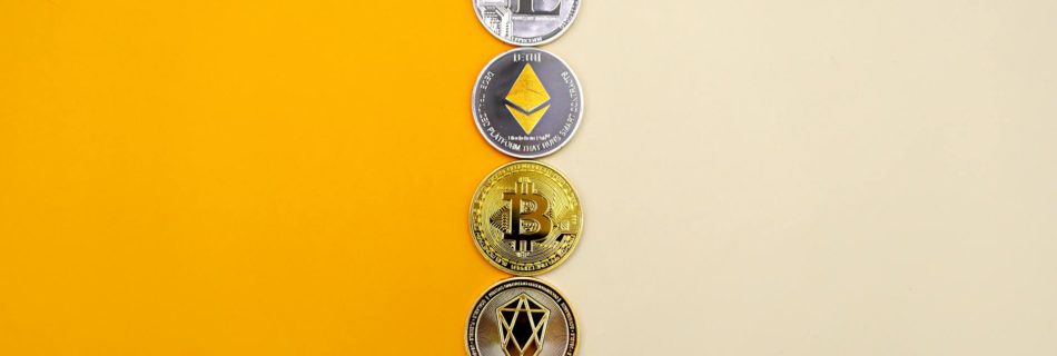 cryptocurrency background featuring six crypto coins